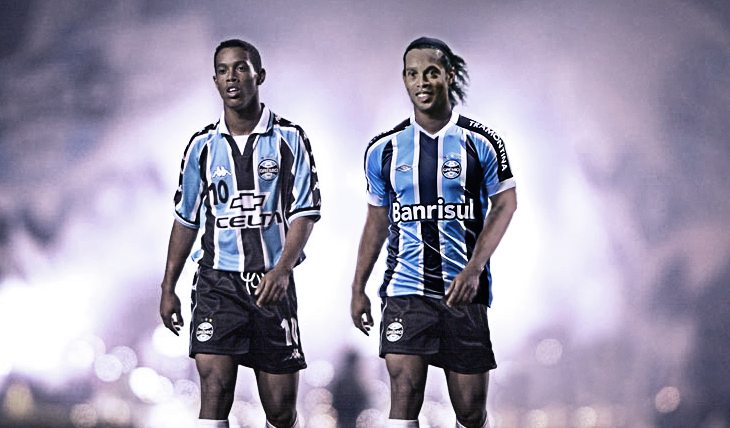 Ronaldinho khi còn khoác áo Gremio (trái) và hiện tại.