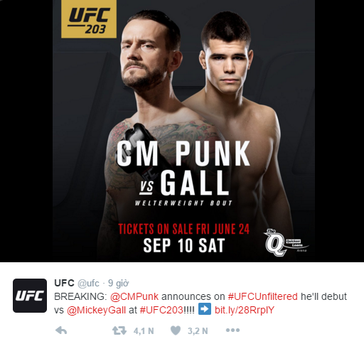 Trang Twitter của UFC thông báo về trận đấu giữa CM Punk và Mickey Gall tại UFC 203.