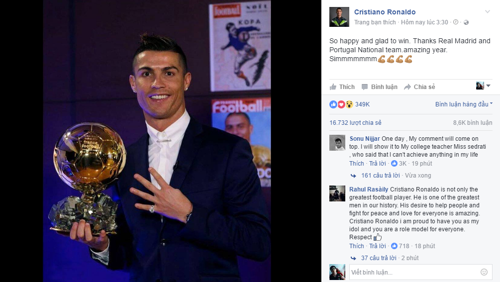 Ronaldo giành QBV 2016.