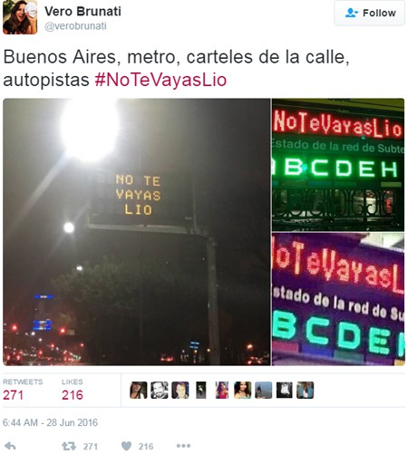 Chia sẻ của một CĐV cho thấy trên nhiều tấm biển báo hay nhà ga xuất hiện dòng chữ ''No Te Vayas, Lio'' (Đừng ra đi, Leo).