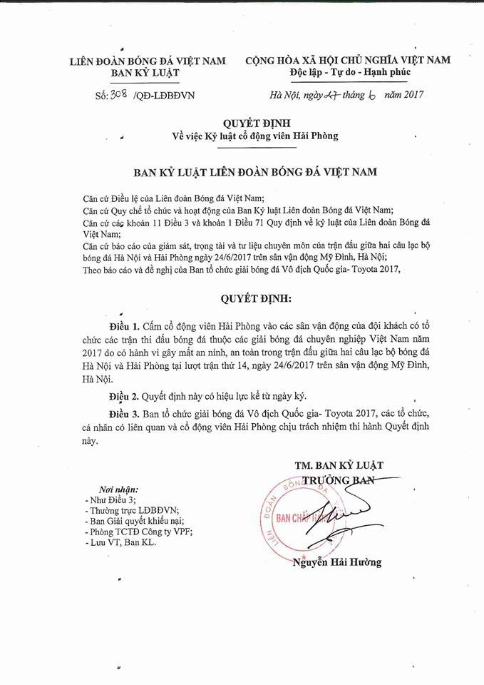 Nội dung biên bản của Ban Kỷ luật LĐBĐ Việt Nam. Ảnh: Vnleague