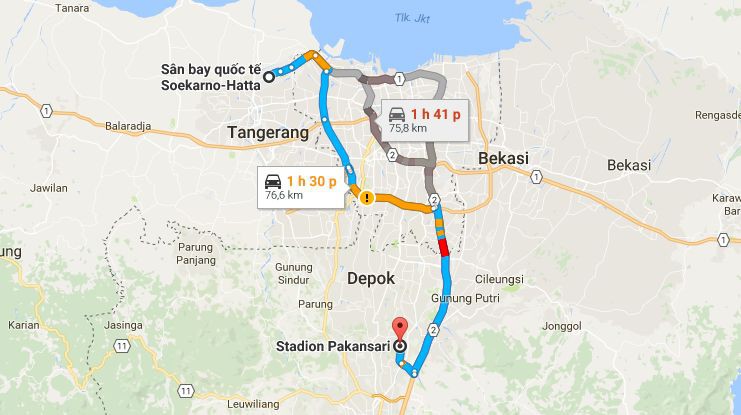 Bản đồ di chuyển từ sân bay quốc tế ở thủ đô Jakarta đến địa điểm thi đấu. Ảnh: Internet.