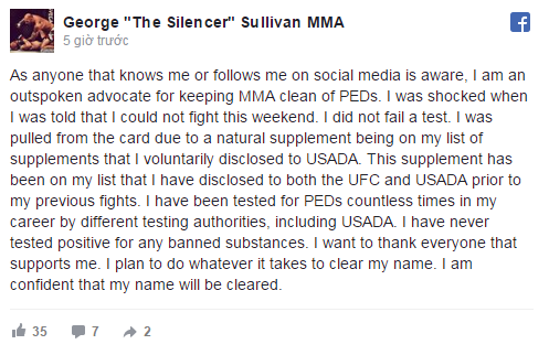 Sullivan đăng tải dòng trạng thái khá dài để trần tình về việc anh bị loại khỏi UFC on FOX 20.