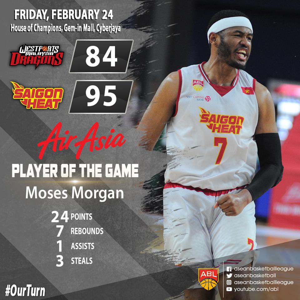 Moses Morgan chơi hay nhất trong trận thắng của Saigon Heat trước Malaysia Dragons. Ảnh: ABL.