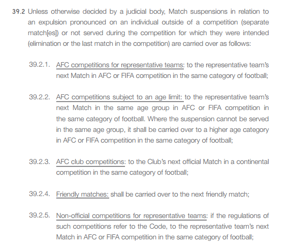 Điều 39.2 - Các án phạt nguội được áp dụng trong trường hợp các đội bị loại hoặc thi đấu trận đấu cuối cùng tại giải đấu đó. Ảnh: AFC.