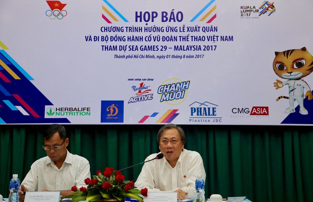 Ông Mai Bá Hùng tại Buổi họp báo Hưởng ứng lễ xuất quân và đi bộ đồng hành cùng Đoàn thể thao Việt Nam tại SEA Games 29.