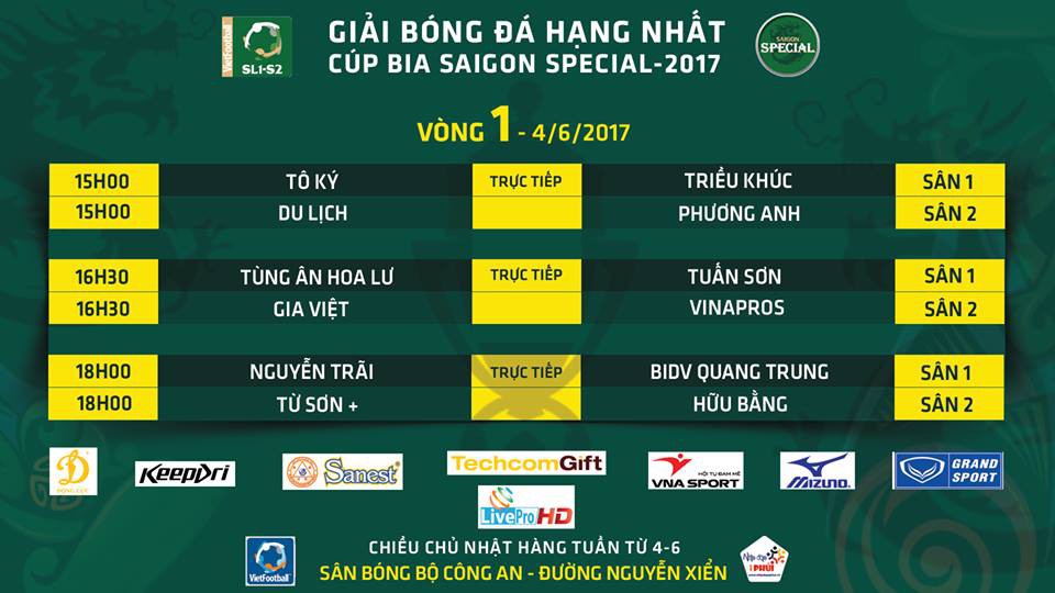Lịch thi đấu vòng 1 giải hạng Nhất Cúp Bia Saigon Special lần thứ 2 năm 2017