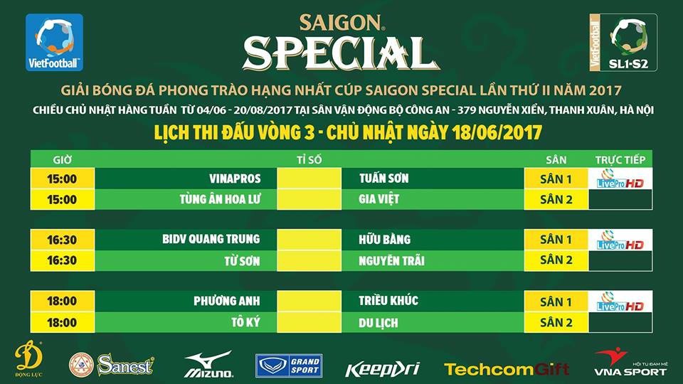 Lịch thi đấu vòng 3 giải hạng Nhất Cúp Bia Saigon Special