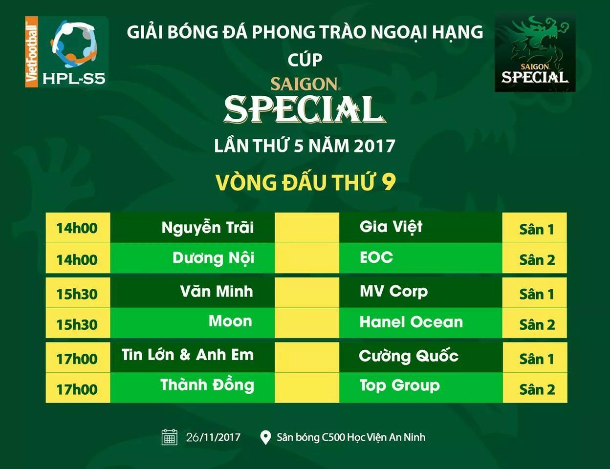 Lịch thi đấu vòng 9 HPL-S5