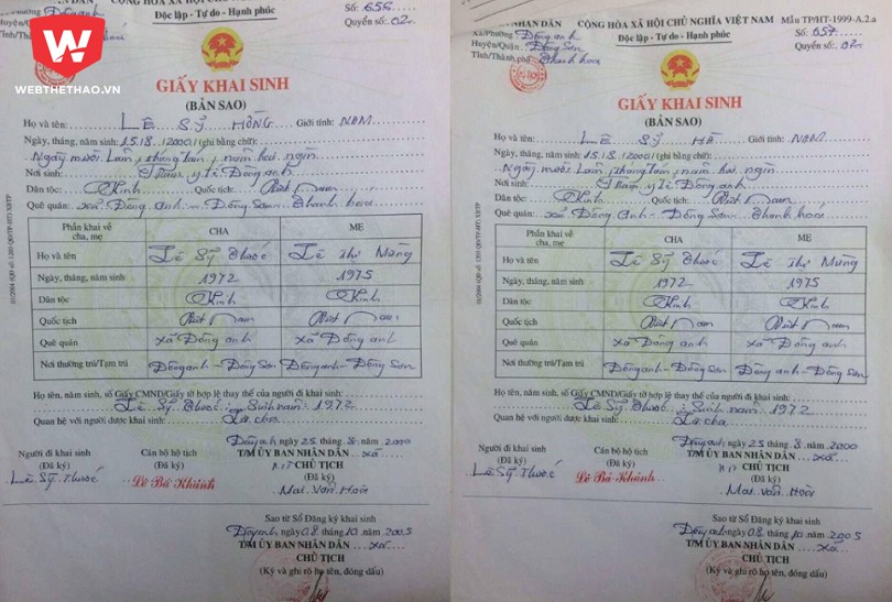 Bản sao giấy khai sinh mà FLC Thanh Hóa gửi lên VFF chứng minh hai cầu thủ Lê Sỹ Hà, Lê Sỹ Hồng sinh năm 2000
