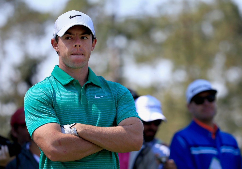 AUGUSTA, GA - APRIL 09:  Rory McIlroy of Northern Ireland waits on a tee boxduring a practice round prior to the start of the 2014 Masters Tournament at Augusta National Golf Club on April 9, 2014 in Augusta, Georgia.  (Photo by Rob Carr/Getty Images)