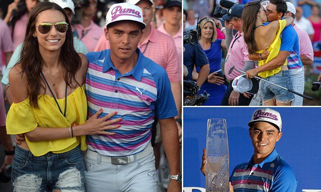 May 10, 2015; Ponte Vedra Beach, FL, USA; Rickie Fowler and girlfriend Alexis Randock walk to the trophy presentation after Fowler won The Players Championship at TPC Sawgrass - Stadium Course. Mandatory Credit: Jake Roth-USA TODAY Sports