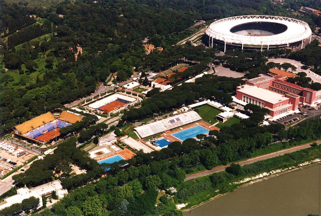 RECENT UNDATED FILE PHOTO - Aereal view of Rome's Olympic stadium (R), the Foro Italico tennis stadium and Foro Italico swimming stadium which would be the centre-piece of the 2004 Olympic Games. Rome is one of five cities bidding for 2004 Olympics Games, together with Athens, Cape Town, Stockholm, Buenos Aires. The International Olympic Committee (IOC) is due to name the winning city in Lausanne on September 5. ITALY OLYMPICS