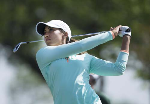 Cheyenne Woods watches her tee shot from the 13th tee during the first round of the Manulife LPGA Classic golf tournament, Thursday, June 4, 2015, in Cambridge, Ontario. (Peter Power/The Canadian Press via AP)