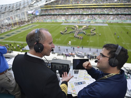 120901-N-WL435-762  DUBLIN (Sep. 1, 2012) Chief of Naval Operations (CNO) Adm. Jonathan Greenert is interviewed by a radio sports news reporter during the Notre Dame versus Navy NCAA Emerald Isle Classic college football season opener. (U.S. Navy photo by Mass Communication Specialist 1st Class Peter D. Lawlor/Released)