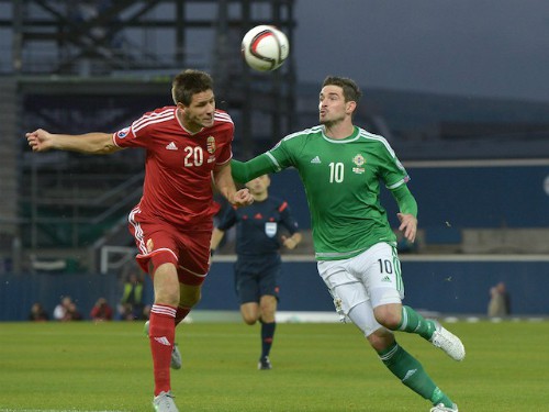 Kyle Lafferty (phải) giật lại 1 điểm cho Bắc Ireland.
