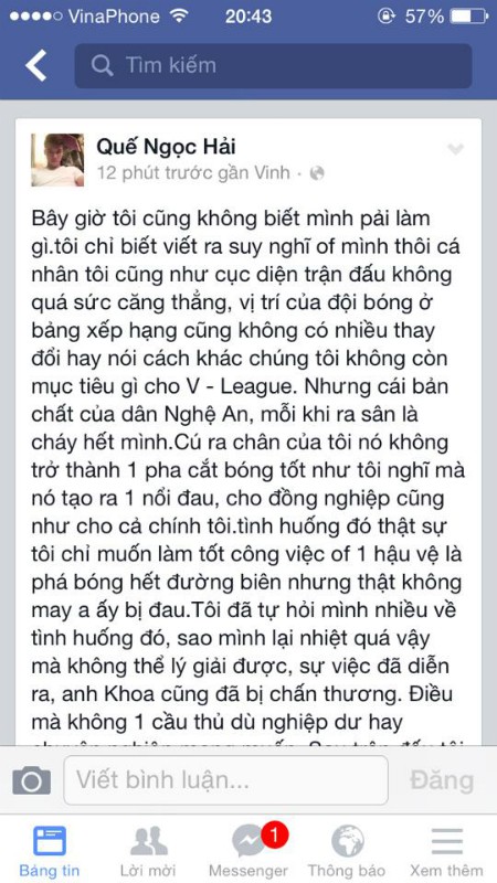 Lời hối lỗi của Quế Ngọc Hải trên trang cá nhân.