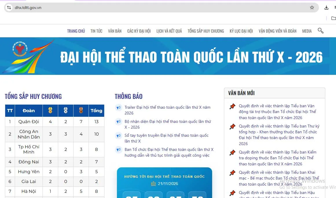 Website chính thức của Đại hội Thể thao toàn quốc lần thứ X năm 2026 chính thức ra mắt